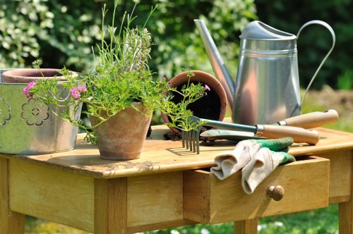 Gardener wearing PPE while operating powered equipment in a yard